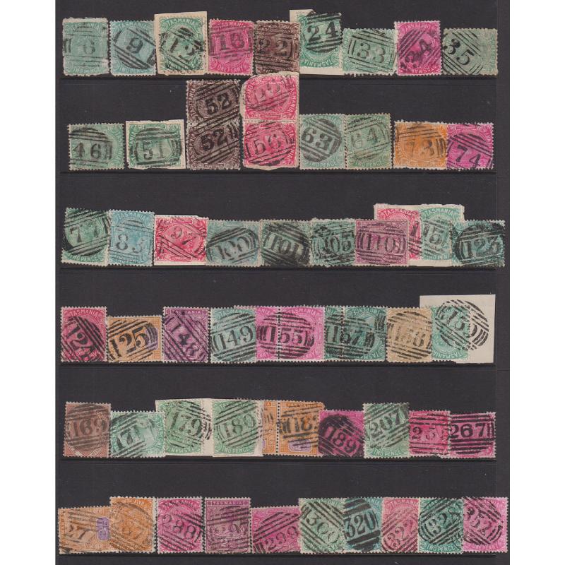 (LD1024L) TASMANIA · assembly of 50+ different BARRED NUMERAL postmarks mostly on 1d & 2d QV S/face issues all selected for clarity and degree of completeness · useful "collection buider" (50+)