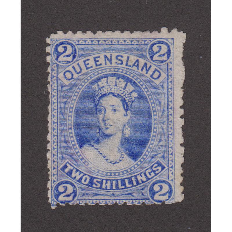(LD1025) AUSTRALIA · 1882: MLH 2/- bright-blue QV Chalon (sideways Crown/Q wmk) SG 152 · o/c to SE cnr with some "fluffy" perfs but overall a very useful example · c.v. £300 (2 images)