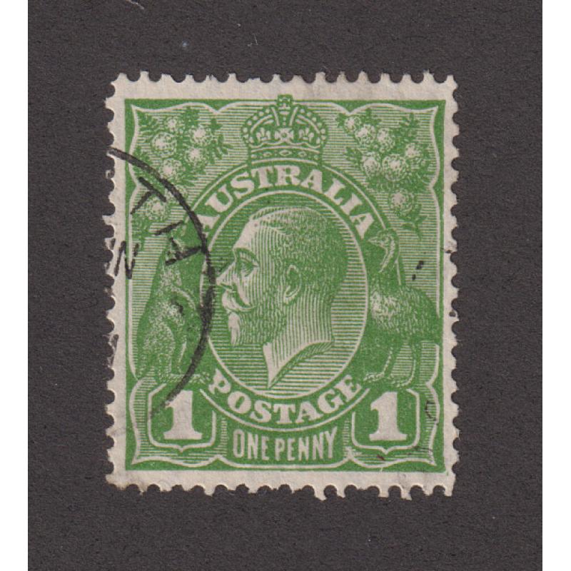 (LD1027) AUSTRALIA · 1926: nicely used 1d green KGV defin (SM wmk · perf. 13«x12½) w/variety FERNS BW 81(4)ia (Position VII/54) · c.v. AU$200 (2 images)
