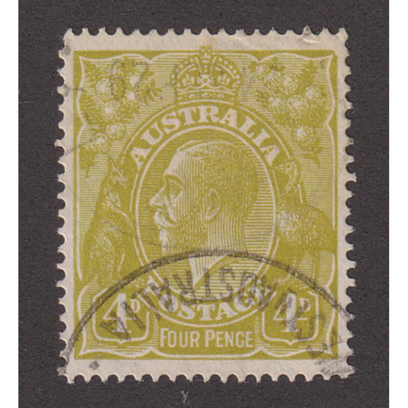 (LD1028) AUSTRALIA · 1927: used 4d greenish-olive KGV defin (SM Wmk · perf.14) w/variety BROKEN NE CORNER BW 115(3)f (Position 3L9) · any imperfections are minor .... please view both largest images · c.v. AU$200