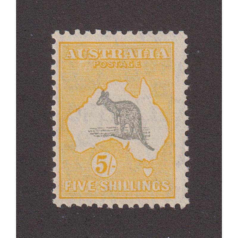 (LD1030) AUSTRALIA · 1932: MLH 5/- grey & yellow-orange Roo (CofA wmk) w/variety BREAK IN COAST of GULF of CARPENTARIA BW 46A(D)va (Position R59) · o/c to left with a clean hinge remnant · a very collectable example · c.v. AU$800 (2 images)