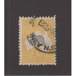 (LD1032) AUSTRALIA · 1932: commercially used 5/- grey & yellow-orange Roo (CofA wmk) w/variety WHITE SCRATCH THROUGH ROO'S BACK BW 46A(v)q · "nibbled" base perfs o/wise a very sound example · c.v. AU$150 (2 images)