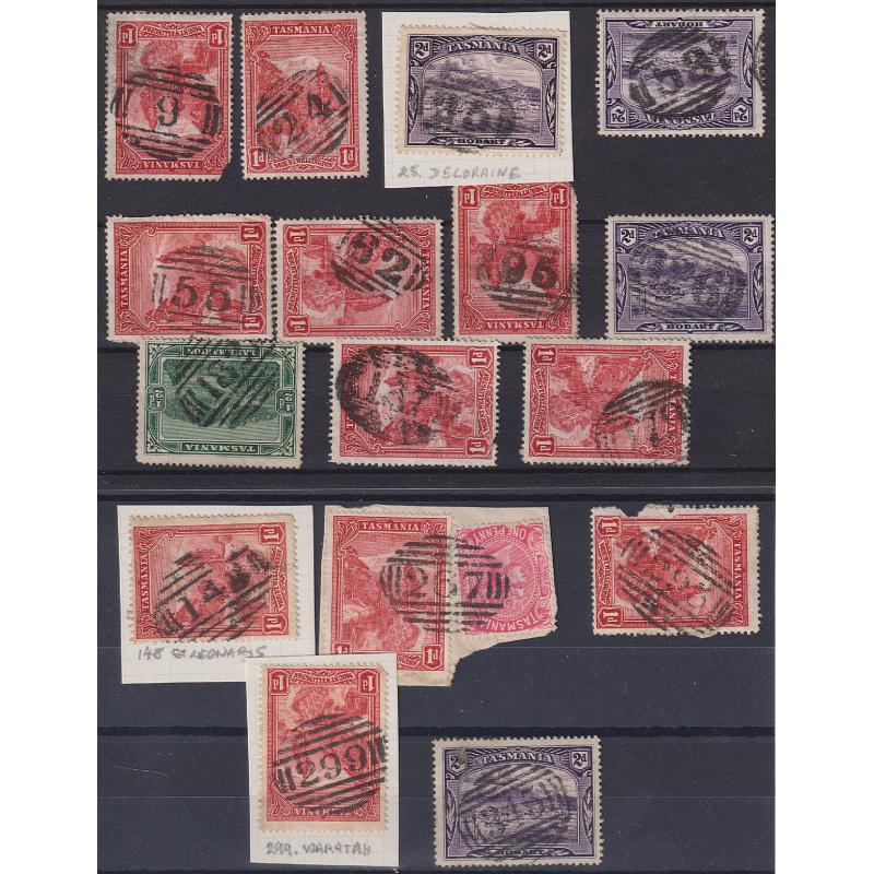 (LD1035) TASMANIA · 16 different barred numeral cancels all on Pictorial issues · selected for clarity and degree of completeness · stamp condition varies .... see largest image (16)