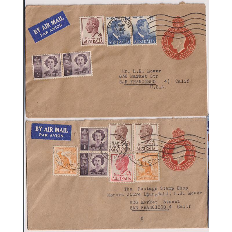 (LD103) AUSTRALIA · 1952/53: 2x 3½d KGVI pre-stamped envelopes uprated with contemporary defins to pay the airmail rate for up to ½oz. to the United States · both items are in fine condition (2)
