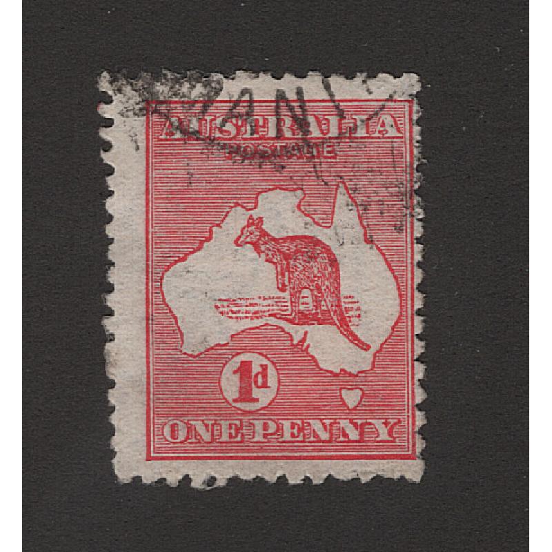 (LD1500) AUSTRALIA · 1914: used Die IIA 1d red Roo showing CUT THROAT variety BW 4(G)j · o/c to SE with slightly trimmed perfs on right side to please view the largest image · c.v. AU$100 (2 images)