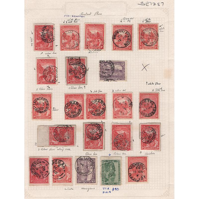 (LD1505L) TASMANIA · album page housing a selection of used Pictorials (mainly 1d values) most with 'hairline flaws' on plate varieties · mixed condition · see largest image (22)