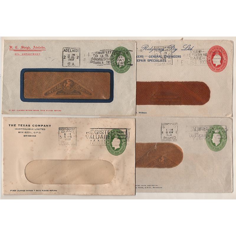(LD1506) AUSTRALIA · 1936/39: 4x used 1d & 2d KGV and 1d KGVI stamped-to-order envelopes used by different firms during period · some imperfections but all items are very displayable (4)