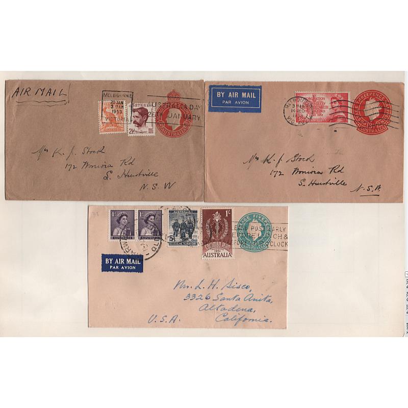 (LD1508) AUSTRALIA · 1953/61: uprated KGVI and QEII pre-stamped envelopes mailed to NSW and USA addresses · interesting range of frankings · excellent to fine condition throughout (2 images)
