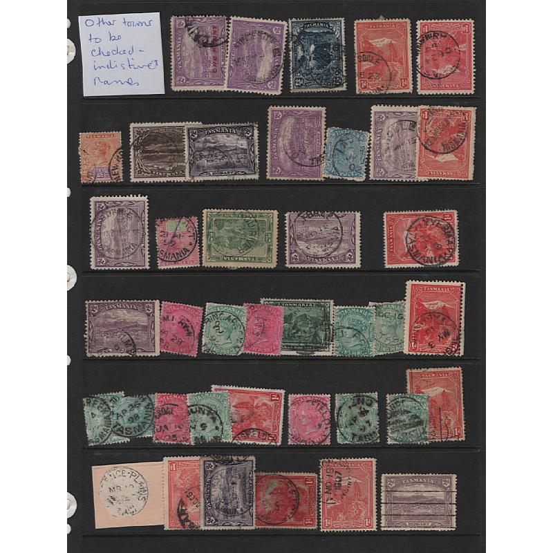 (LD1511L) TASMANIA · 9 stocksheets (some double-sided) housing an assembly of approx. 500 cds postmarks mainly on 1d & 2d Pictorials · noted some scarcer items · clarity and degree of completeness vary (8 sample images)