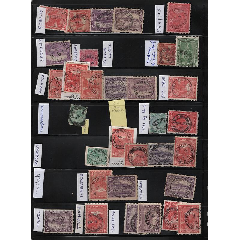(LD1511L) TASMANIA · 9 stocksheets (some double-sided) housing an assembly of approx. 500 cds postmarks mainly on 1d & 2d Pictorials · noted some scarcer items · clarity and degree of completeness vary (8 sample images)