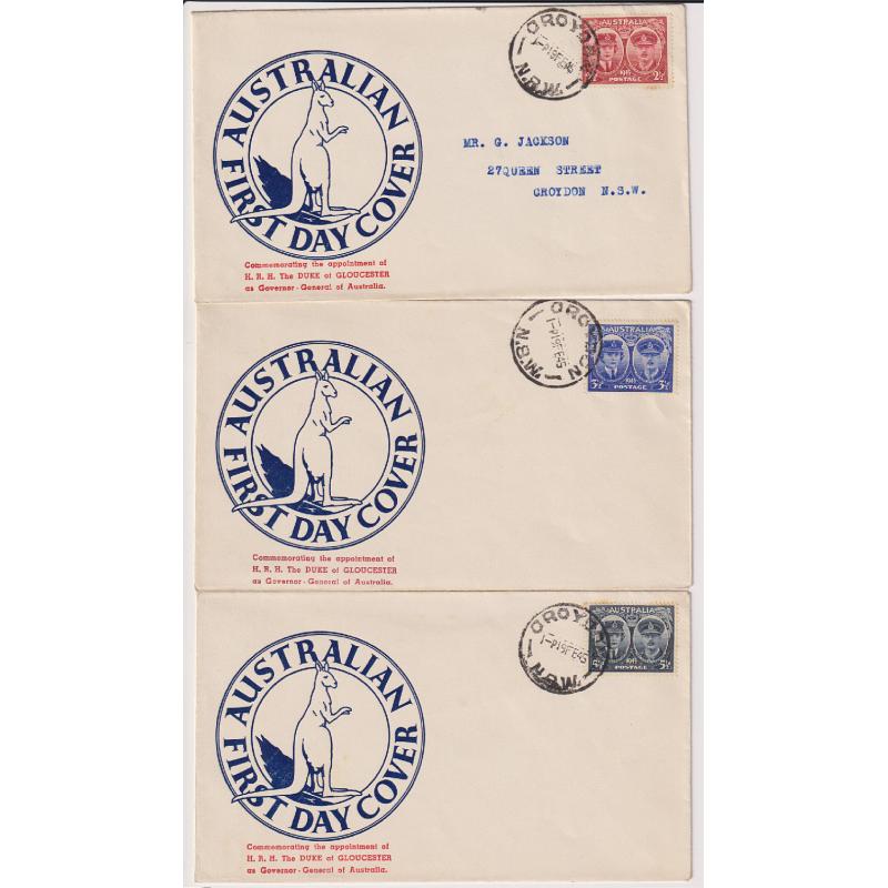 (LH1006) AUSTRALIA · 1945: trio of FDCs by J.H. Smyth for Gloucester commemorative issue · two are unaddressed examples · fine condition throughout (3)