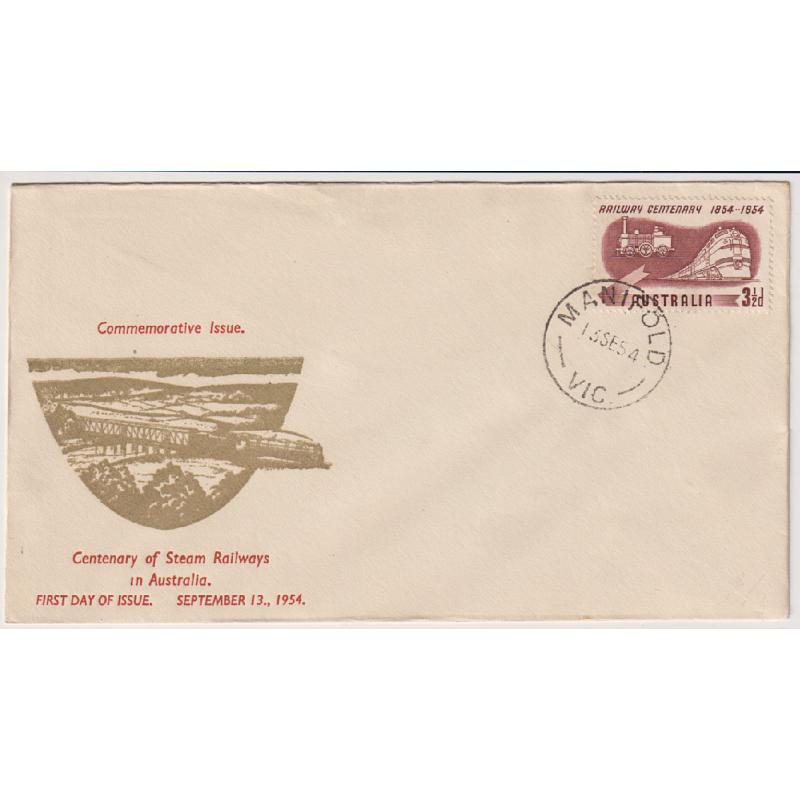 (LH1007) AUSTRALIA · 1954: unaddressed FDC by R. Haslem for 3½d Railways Centenary with cachet illustration printed in GOLD which is not often seen in my experience · flap stuck down o/wise in fine condition