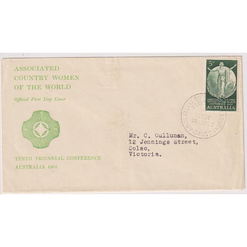 (LH1009) AUSTRALIA · 1962: postally used "Official" FDC for 10th Triennial Conference of Associated Country Women of the World with single 5d commemorative franking in excellent to fine condition