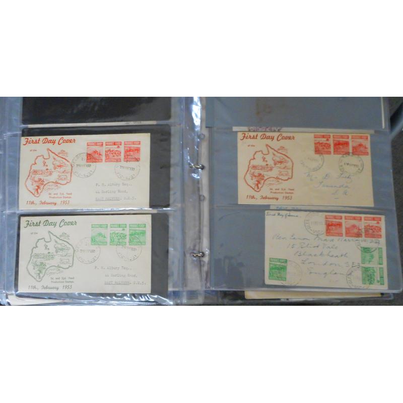 (LH1016B) AUSTRALIA · 1940s/70s: 3 large cover binders housing approx. 600 FDCs (and some commemorative items) from the period, mostly in excellent to VF condition · includes better and unaddressed items · please view all 13 larger sample images