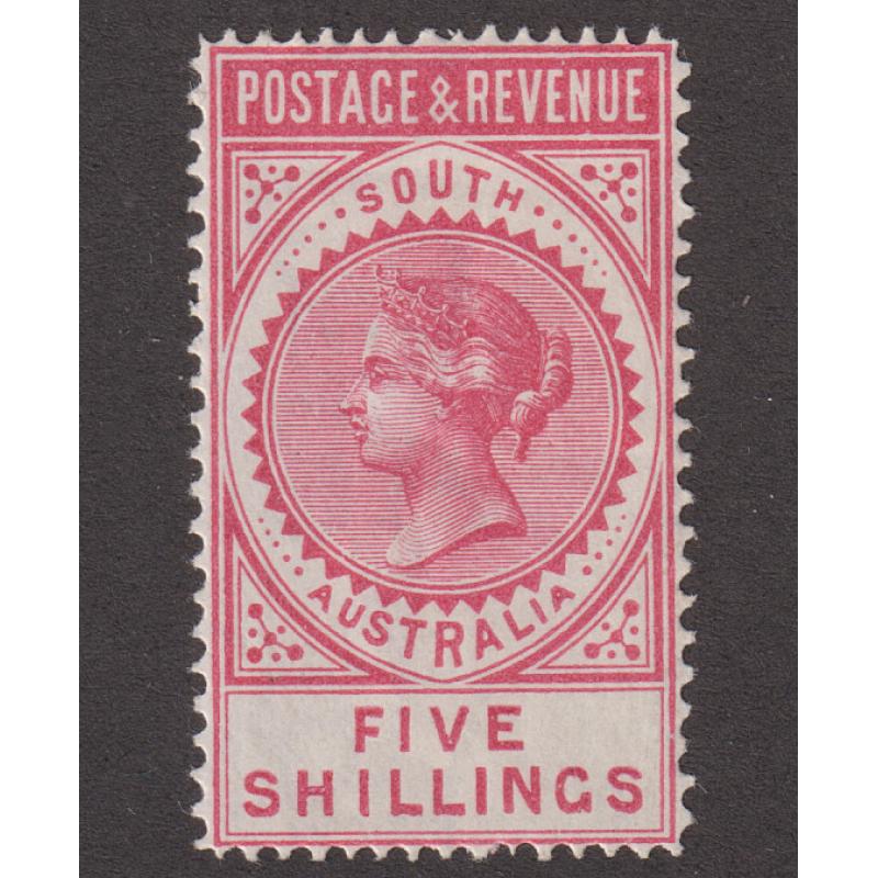 (LK1000) SOUTH AUSTRALIA · 1886: fresh mint 5/- rose-pink QV Long Stamp (perf.11½=12½) SG 196 · clean hinge remnants and a tiny paper gum adhestion however the overall condition and appearance is excellent · c.v. £130 (2 images)