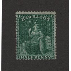 (LK1503) BARBADOS · 1874: mint ½d deep green Britannia (Large Star wmk · perf.14) SG 65 · small part of original gum · c.v. £60 (2 images)