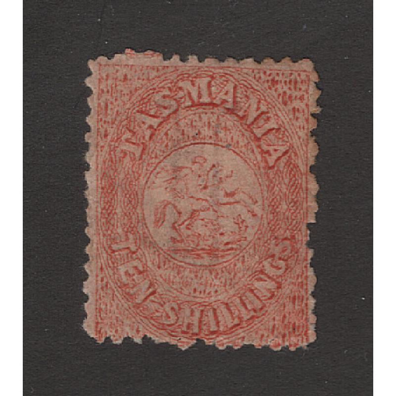 (LK1504) TASMANIA · 1860s: mint 10/- salmon St. George & Dragon S/Duty perf.12 SG F17 · poorly punched perfs and some clean hinge remnants but overall, a very collectable example · c.v. £550 (2 images)
