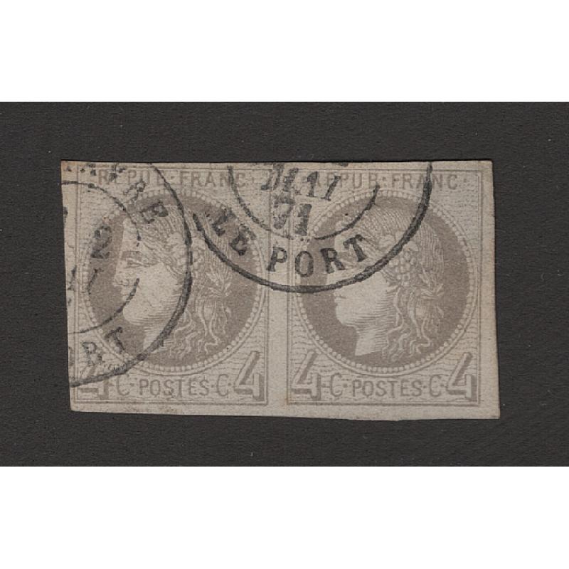 (LK1507) FRANCE · 1870: used pair of imperf 4c grey Ceres Scott #40 with full margins · left unit has a short tear and a thin but does not detract from overall appearance · total c.v. US$500