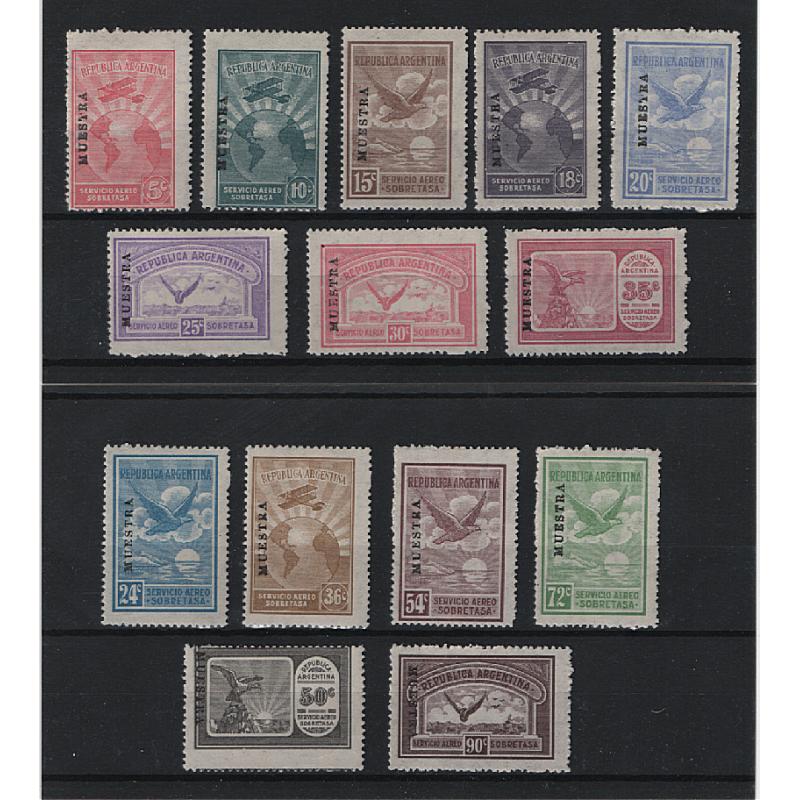 (LK1508) ARGENTINA · 1928: M/MLH Air Post issue oddments.Scott #C1/4 optd 'MUESTRA' (SPECIMEN) · fresh appearance / gum condition · 14 stamps (2 images)