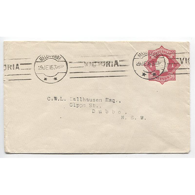 (MK10002) AUSTRALIA · 1916: nicely used envelope (user unknown) stamped-to-order with Die I "Star" 1d carmine KGV indicium ACSC ES28 · fine condition front and back