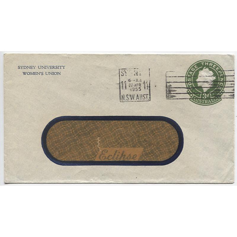 (MK10016) AUSTRALIA · 1955: used SYDNEY UNIVERSITY WOMEN'S UNION envelope stamped-to-order with a 3d green QEII indicium · flap has not been sealed (for printed matter rate) · fine condition · $5 STARTER!!