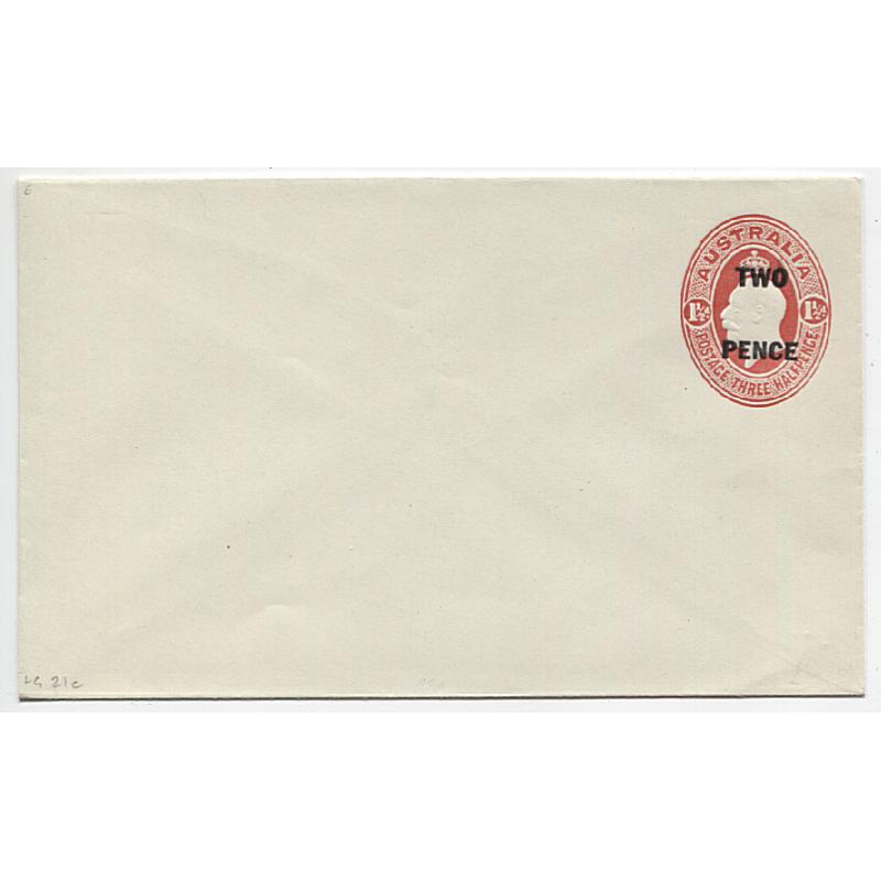 (MK10021) AUSTRALIA · 1930: unused envelope with TWO PENCE surcharge on oval 1½d red KGV indicium (blue security lining) ACSC EP35(1) · lightly pencilled catalog number in LL corner o/wise in a F to VF condition · c.v. AU$50