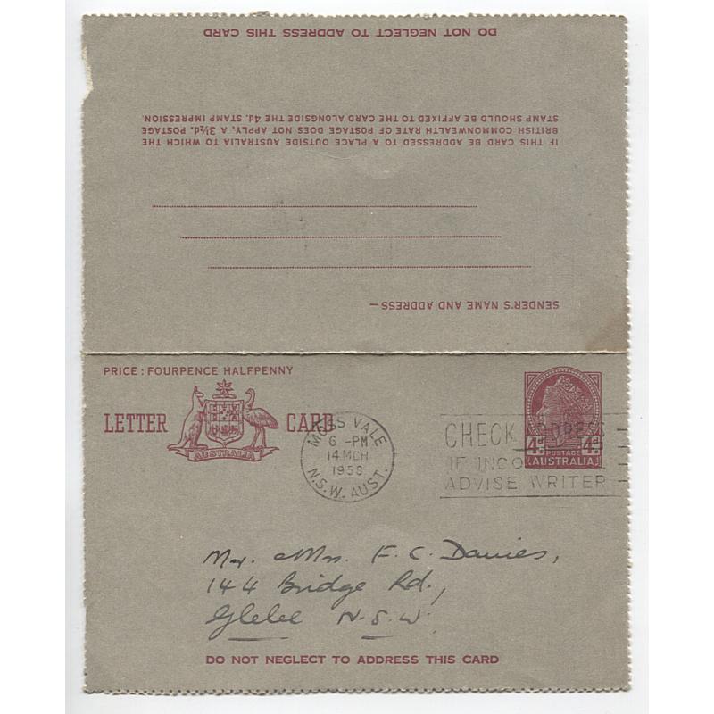 (MK10034) AUSTRALIA · 1956/58: nicely used Die II 3½d red and 4d claret QEII Lettercards ACSC LC79 & LC81A both in excellent to fine condition (2 images) · $5 STARTER!!