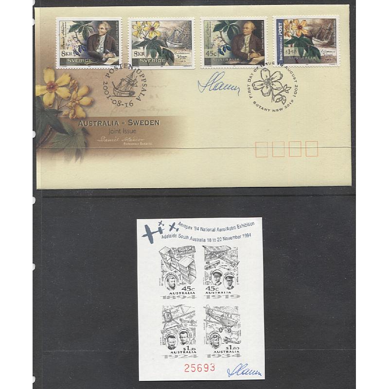 (MK10037L) AUSTRALIA · 1994/2001: handbill advertising AP Exhibition in honour of visit to Melbourne by CZESLAW SLANIA - also signed FDC and Aeropex '94 souvenir black print m/sheet · 3 items (2 images)