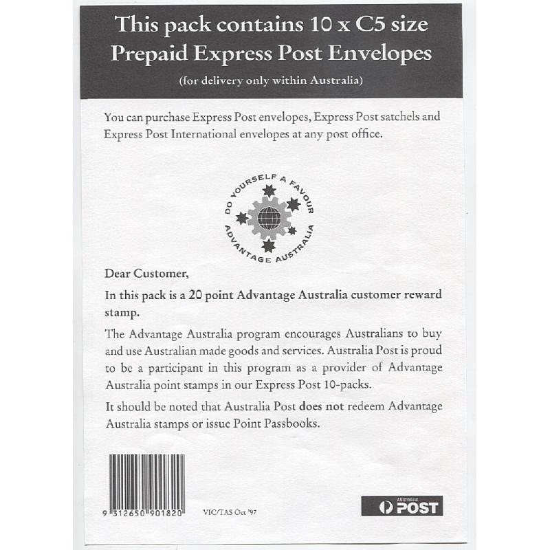(MK10039L) AUSTRALIA · 1997: 9 different peel & stick 20 point Advantage Australia customer reward stamps · one stamp was included in Express Post packs of 10 envelopes/satchels · also two related AP publicity flyers · 3 items (2 images)