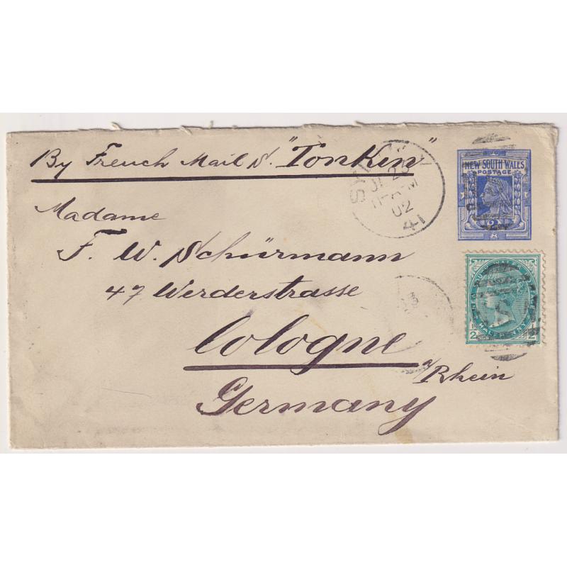 (MK1021) NEW SOUTH WALES · 1902: uprated 2d blue QV envelope H&G B8 to German address · endorsed "By French Mail (Steamer) "Tonkin" · arrival b/stamp · excellent condition · nice usage!!