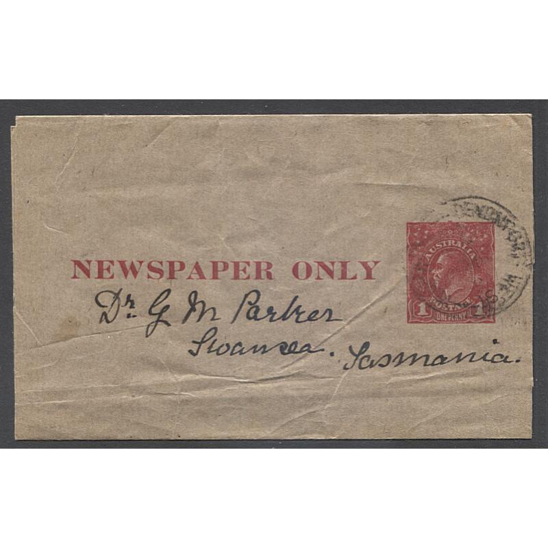 (MK1400) AUSTRALIA · 1921: 1d red KGV "Newspaper Only" wrapper ACSC W10 used in Tasmania in excellent clean condition · c.v. AU$200