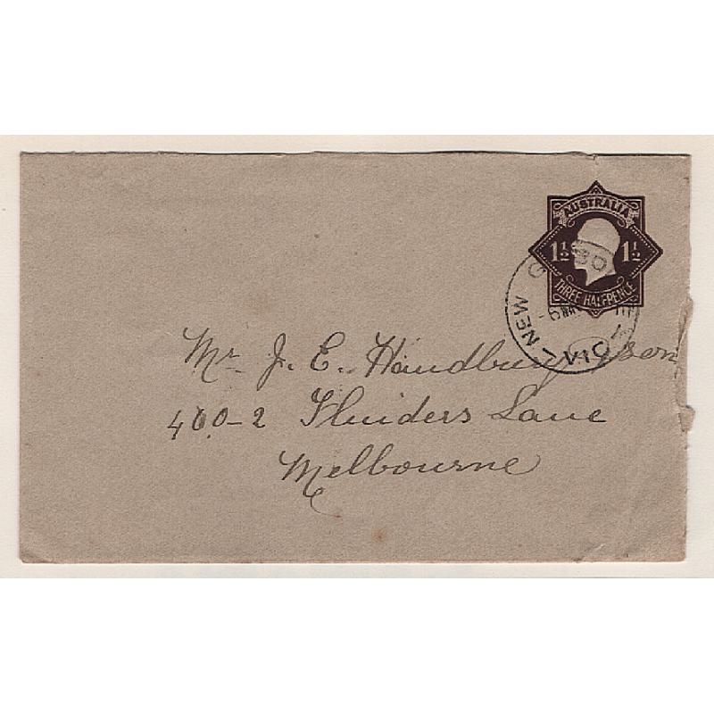 (MK15010) AUSTRALIA · c.1920: used Die 3 1½d black-brown KGV envelope (grey laid batonné paper) BW EP18(1) opened a little roughly on two sides but intact and displayable · c.v. AU$150