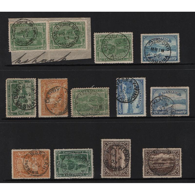 (ML1532) TASMANIA · 12 clear cds postmarks on non-letter rate Pictorials to 5d - includes EAGLE HAWK NECK, LOW HEAD, LIETINNA, BAGDAD, etc. (12)