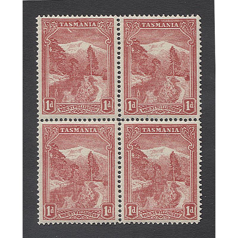 (MM10011) TASMANIA · 1902: M/MNH block of 4x lithographed 1d Pictorial (V/Crown wmk), the UL unit showing the WHITE FLAW IN SKY UNDER 'AS' variety (pos. 1/29) · some perf separation between top units o/wise in nice condition (2 images)