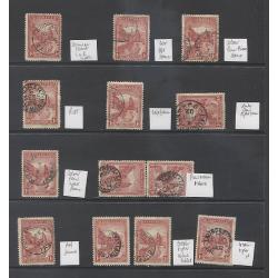 (MM10019L) TASMANIA · 1902: five s/sheets housing 140 mainly used lithographed 1d Pictorials (V/Crown wmk) comprising duplicated plated stamps from both plates; others described but not positioned · mixed condition · see description (5 images)