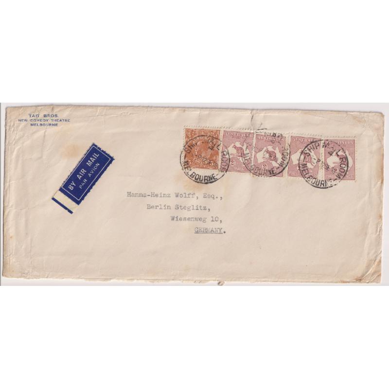 (MM1147L) AUSTRALIA · 1938: legal size air mail cover to Germany · 8/5d combo franking paid 5x the standard air mail letter rate · some faults however the overall condition is excellent · no b/stamps