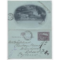 (MM1248) TASMANIA · 1901: 2d pictorial lettercard w/view of LAUNCESTON H&G 2/5 taxed at Hobart (unframed 'T' Reid DP10) · inwards G.B. tax marking · selvedge removed when opened o/wise in fine condition (2 images)