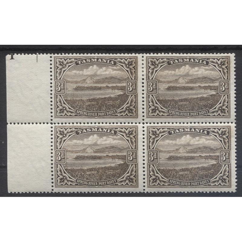 (MM1249) TASMANIA · 1900: M/MNH plate block of 4x 3d sepia Pictorials SG 233 with lower part of "1" printed on the selvedge · very nice condition front and back (2 images)