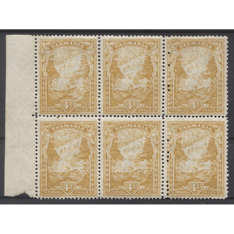 (MM1252) TASMANIA · 1909: M/MNH block of 6x 4d orange-buff Pictorial (Crown/A Wmk · perf.12.4) with partial extra row of perforations ACSC T53B and T53Bb · c.v. for perf variety = AU$400 · some perf separation between top LH units (2 images)