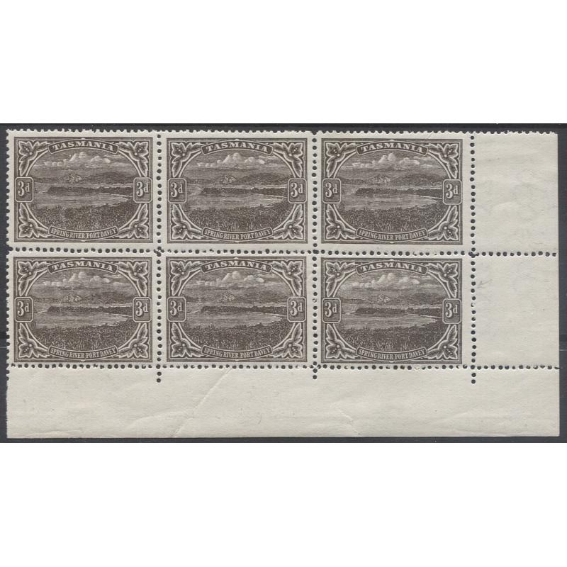 (MM1255) TASMANIA · 1912: MLH/MNH corner block of 6x 3d brown Pictorial (Crown/A Wmk · perf.12.4) printed on thin paper with white gum SG262 · some imperfections so please see the full description · total c.v. £420 (2 images)