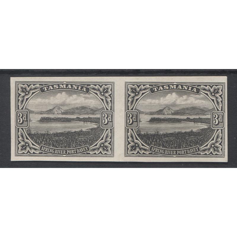 (MM1257) TASMANIA · 1900: imperforate 3d Pictorial as PLATE PROOF pair in black on glazed paper · believed to be the only recorded examples · fine condition front and back · ex Groom Collection (2 images)