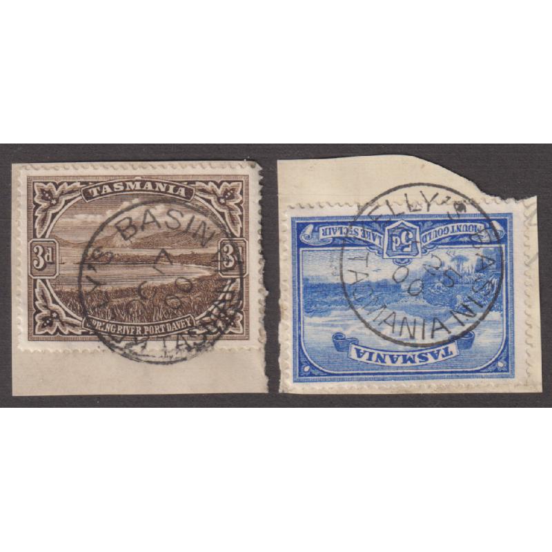 (MM1265) TASMANIA · 1900: full clear impressions of the KELLY'S BASIN Type 1 cds on 3d and 5d Pictorials, both on piece (2)