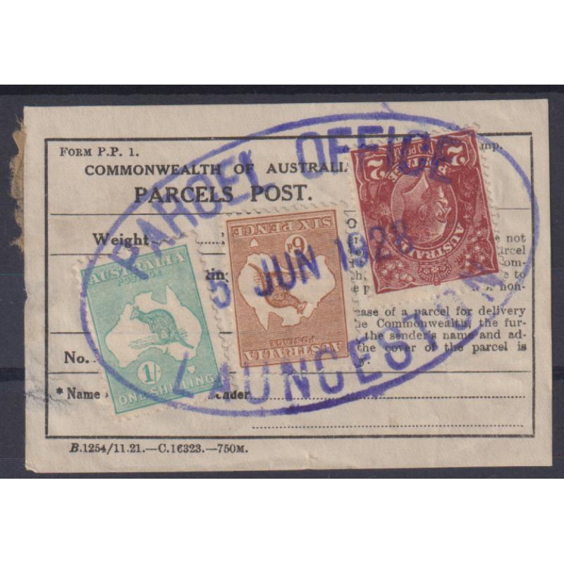(MM1291) TASMANIA · 1928: intact Parcel Post Label bearing an unusually fine strike of the PARCEL OFFICE LAUNCESTON Type Oval(ii) datestamp which is rated 3R ...... no "improver" required!