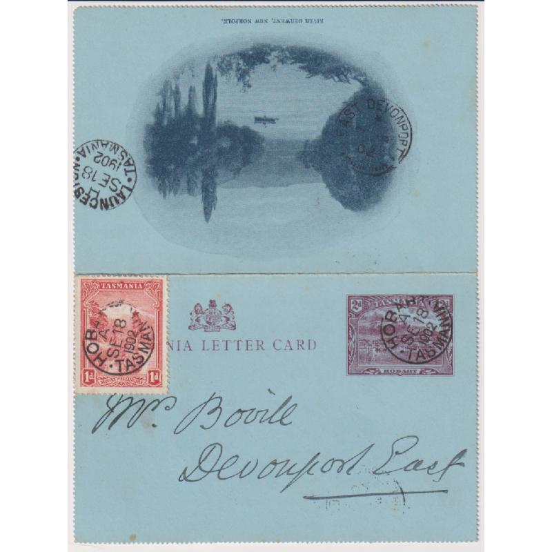 (MM1292) TASMANIA · 1902: used 2d lettercard w/view RIVER DERWENT H&G 2/6  ...... message starts "I shall have to late fee this..." · 1d Pictorial affixed thus by sender · fine condition · attractive "rates" item (3 images)