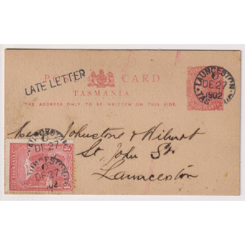 (MM1303) TASMANIA · 1902: commercially used 1d QV postal card mailed at Deloraine as a late letter without the additional 1d paid · handstamped LATE LETTER at Launceston (Reid L07) with the deficiency paid by the addressee · excellent to fine condition
