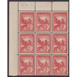 (MM1312L) TASMANIA · 1902: mint block of 9x 1d Pictorial (V/Crown wmk) the middle RH unit showing the "3 BLOBS" variety (Plate 2/13) · late state beforew the plate was cleaned · some perf separation/paper curling (2 images)