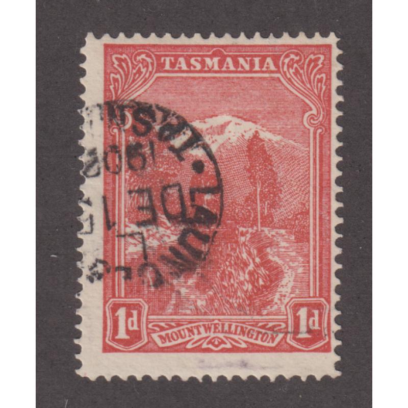 (MM1316) TASMANIA · 1902: used 1d pale red Pictorial (sideways V/Crown wmk · perf.12.4) showing the WHITE FLAW IN CENTRAL TREE variety (1/56) ACSC T10Ae · c.v. AU$150