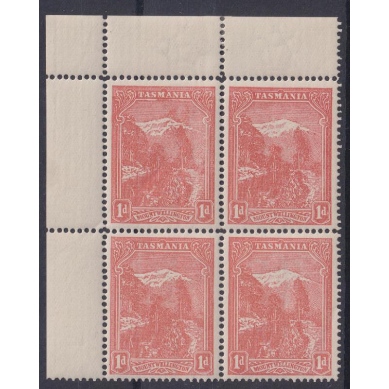 (MM1325) TASMANIA · 1902: MNH/MLH block of 4x typographed 1d pale-red Pictorials (upright V/Crown wmk · perf.12.4) SG 240 · UL unit has RE-TOUCHED VOLCANO FLAW ACSC T10Bda · see full description · c.v. AU$250+ (2 images)