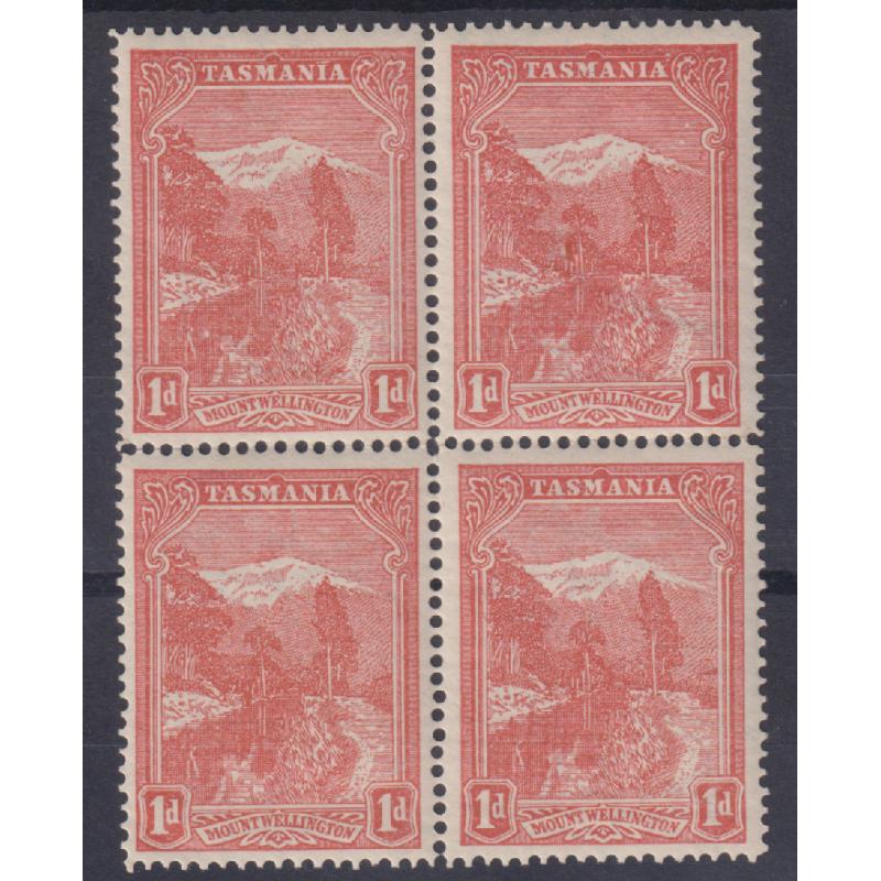 (MM1326) TASMANIA · 1902: MNH block of 4x typographed 1d pale-red Pictorials (sideways V/Crown wmk · perf.12.4) SG 240 · see full description · total c.v. £68 for MLH (2 images)
