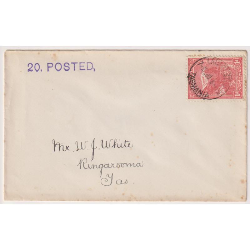 (MM1330) TASMANIA · 1909: small envelope stamped "20. POSTED," mailed to Ringarooma at the 1d commercial rate · flap not sealed to comply with requirement for special rate · a little foxing o/wise in excellent condition